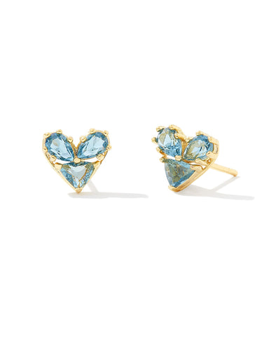 Katy Heart Gold Stud Earrings in Teal Glass