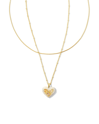 Penny Gold Heart Multi Strand Necklace in Ivory Mother of Pearl