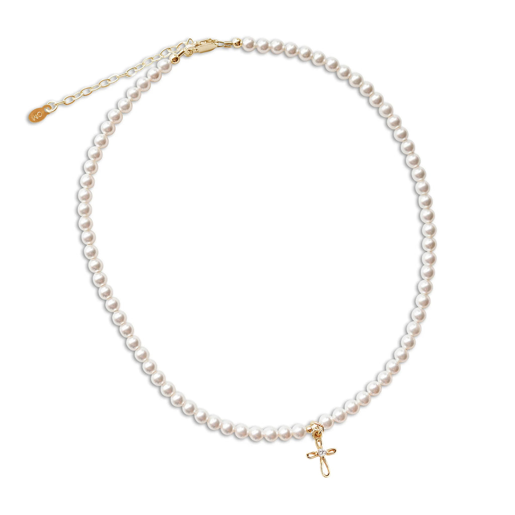 14K Gold Plated Sterling Silver and Pearl Beaded Necklace with Infinity Cross