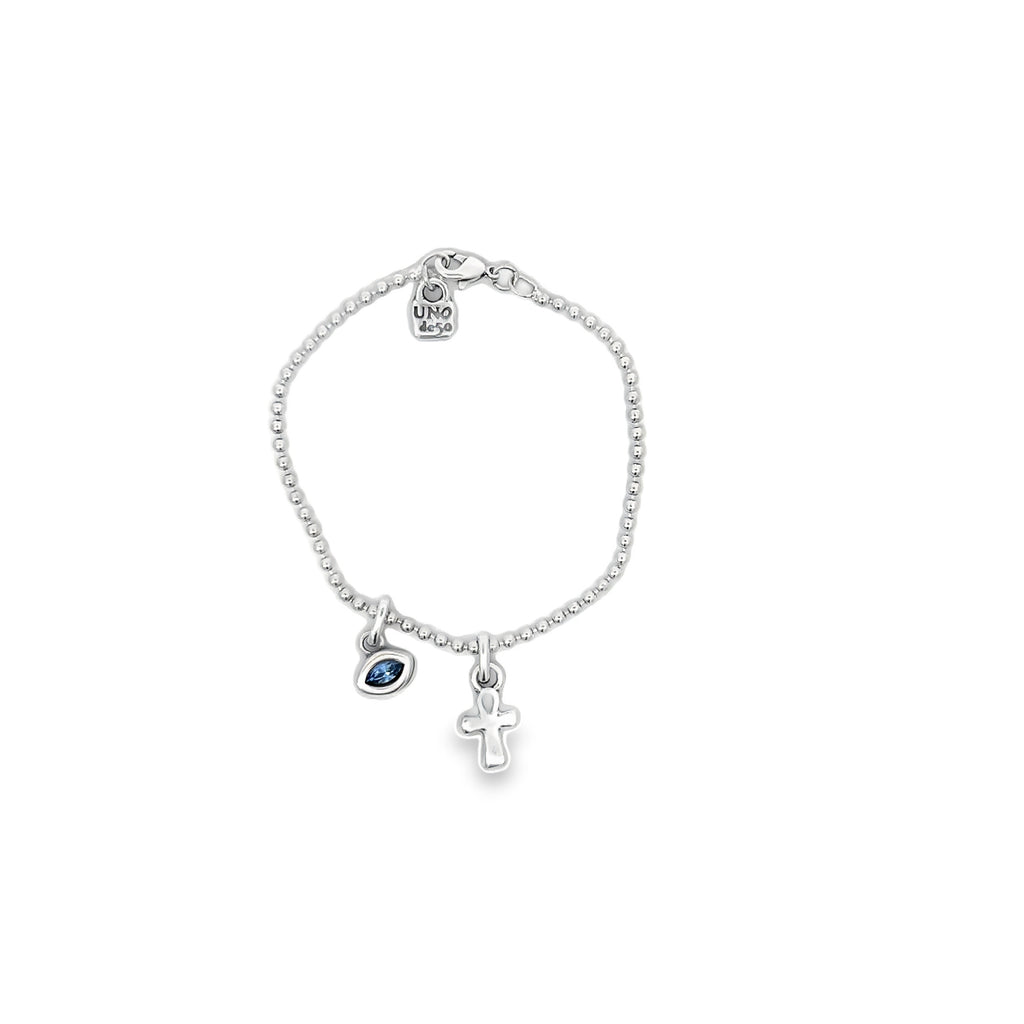 Silver Mini Bead Bracelet with Cross & Blue Crystal Charm - Exclusive