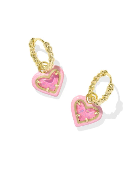 Ari Heart Enamel Frame Huggie in Gold Pink Iridescent Glitter