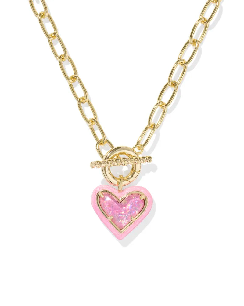 Ari Heart Enamel Frame Chain Necklace in Gold Pink Iridescent Glitter