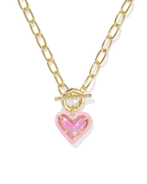 Ari Heart Enamel Frame Chain Necklace in Gold Pink Iridescent Glitter