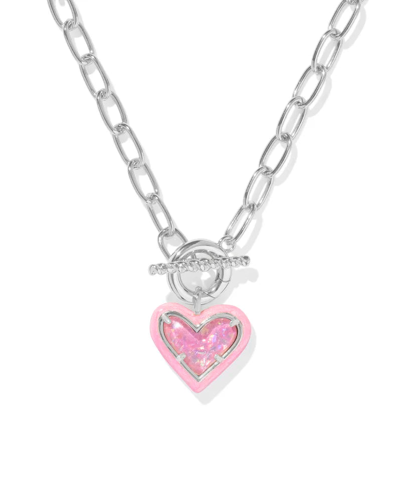 Ari Heart Enamel Frame Chain Necklace in Silver Pink Iridescent Glitter