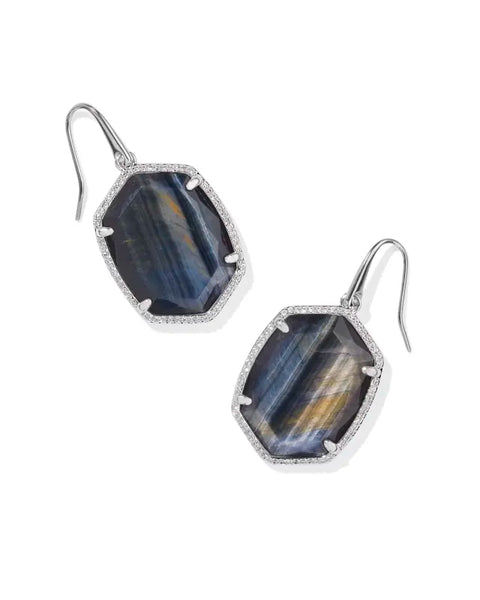 Daphne Pave Frame Drop Earring in Silver Navy Tigers Eye