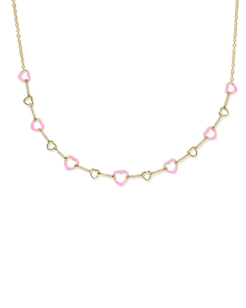 Haisley Heart Strand Necklace in Gold Pink Pearlescent Enamel