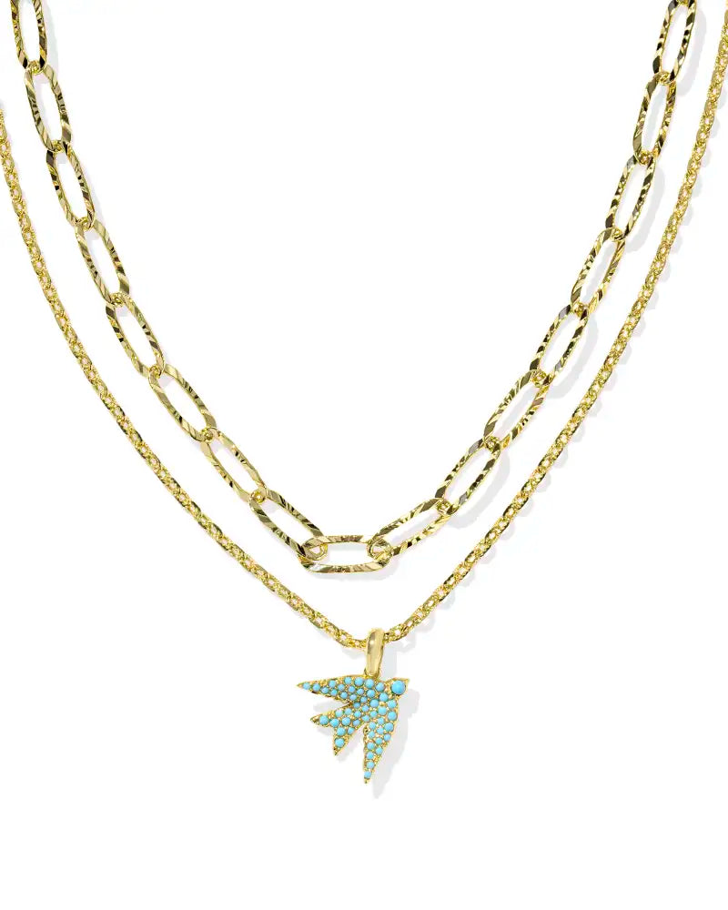 Melody Bird Multi-Strand Necklace in Gold Teal Crystal