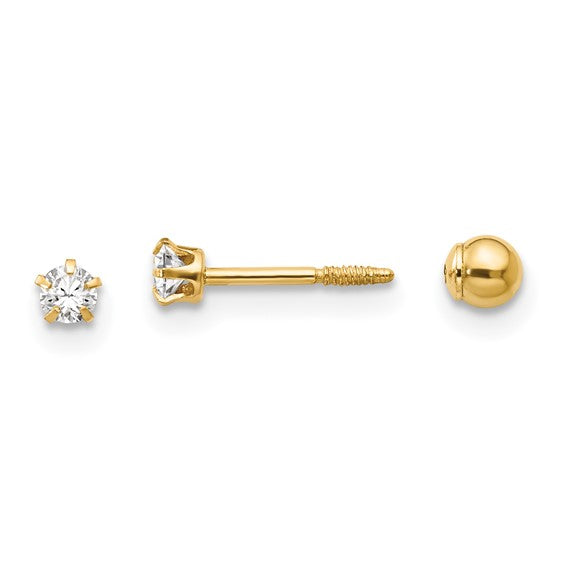 CZ/Gold Ball Reversible Screwback Earring | 14kt Yellow Gold