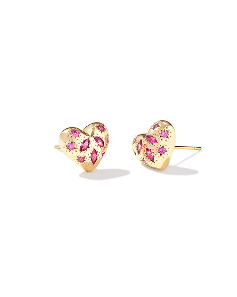 Holland Gold Heart Stud Earrings in Pink Crystal