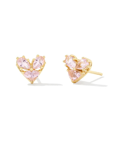 Katy Heart Gold Stud Earrings in Pink Glass