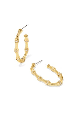 Maura Gold Bamboo Hoop Earrings in White Crystal