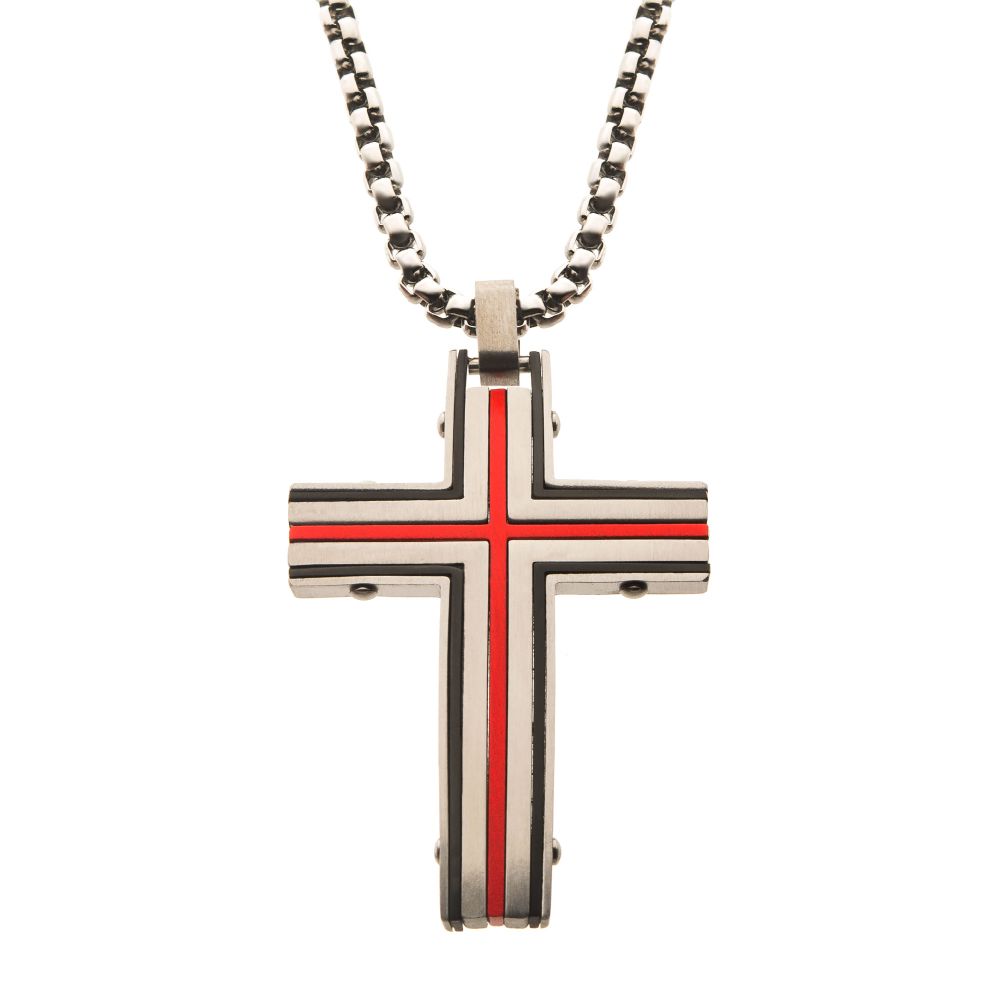 Stainless Steel & Red IP Dante Cross Pendant Necklace