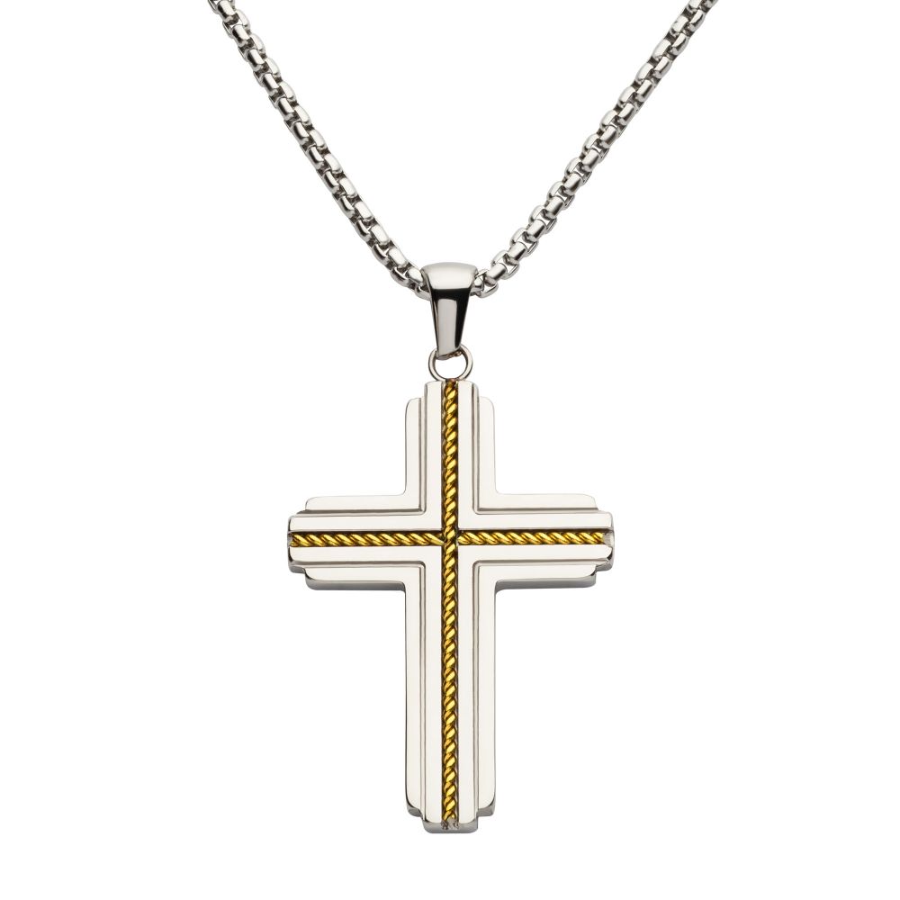 Stainless Steel & 18kt Gold IP Twist Cross Necklace