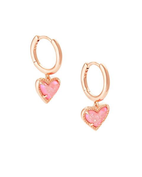 Ari Heart Rose Gold Huggie Earrings in Pink Drusy