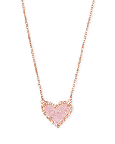 Ari Heart Rose Gold Pendant Necklace in Pink Drusy